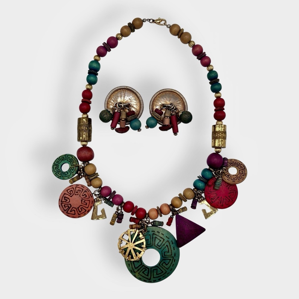 Vintage Dauplaise Mayan Disc Wood Beads Necklace Clip On Earrings Set Brass